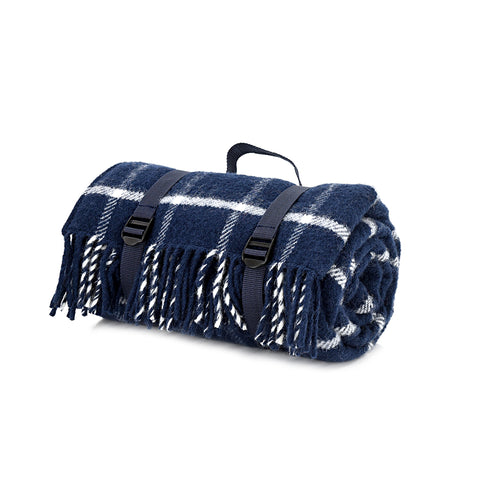 Navy blue and white waterproof wool picnic blanket